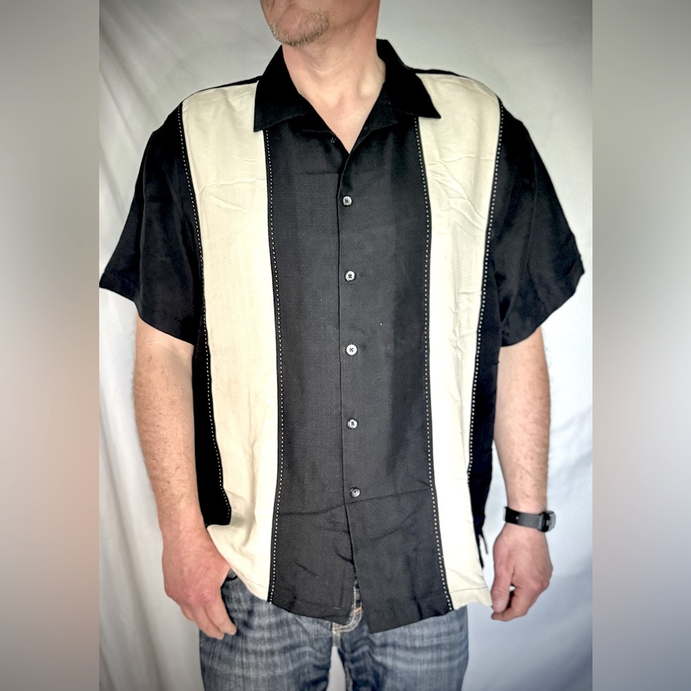 Merona Black & Cream Retro Men’s Bowling Button Down Short Sleeve Shirt